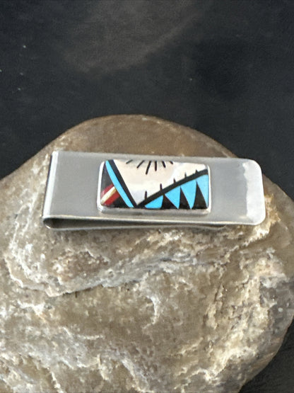 A Zuni Mens Turquoise Spiny Inlay Stainless Sterling Silver Money Clip 17834