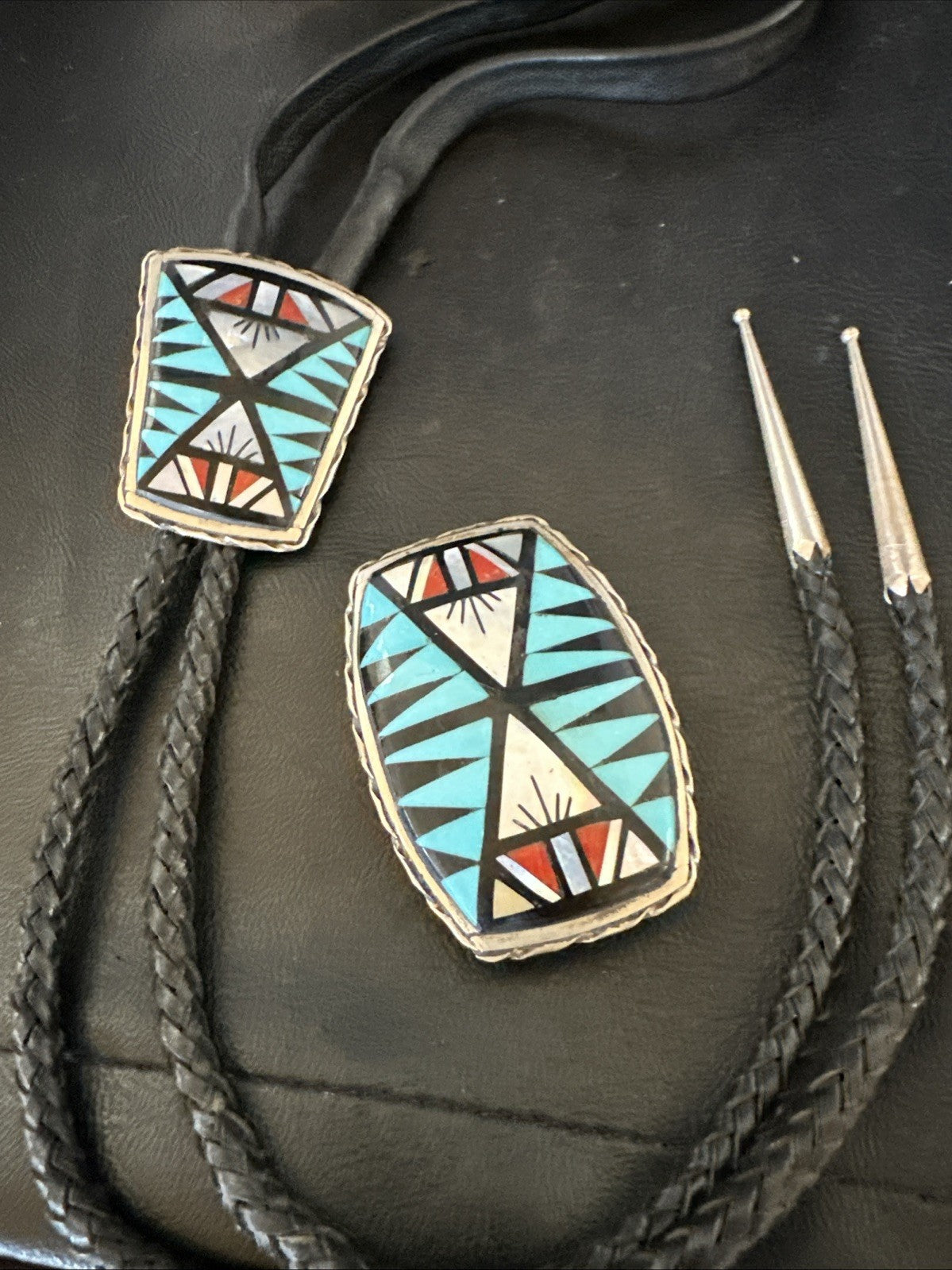 Zuni  Mens BoloTie Belt Buckle Ranger Set Turquoise Coral Sterling Silver 19155