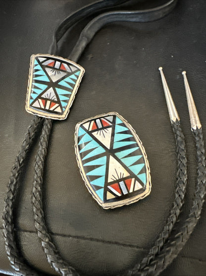 Zuni  Mens BoloTie Belt Buckle Ranger Set Turquoise Coral Sterling Silver 19155