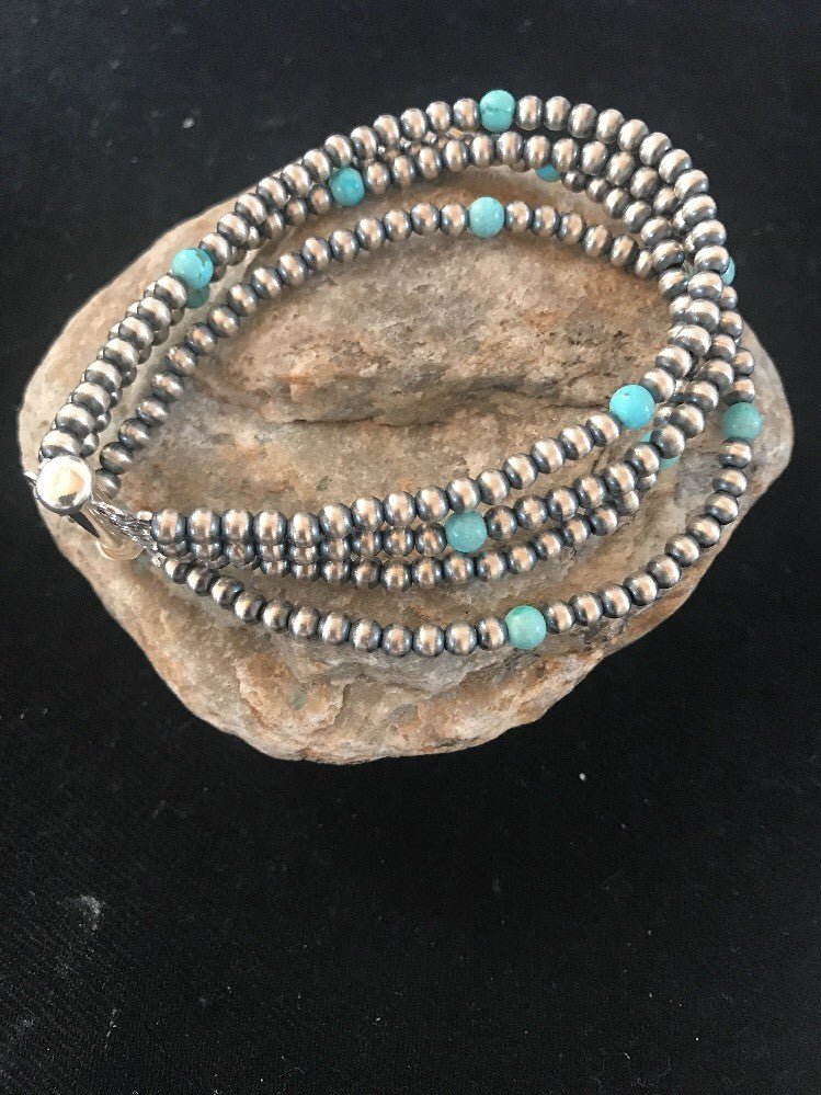 Native American Sterling Silver Beads Blue Turquoise Bracelet 4 Strand