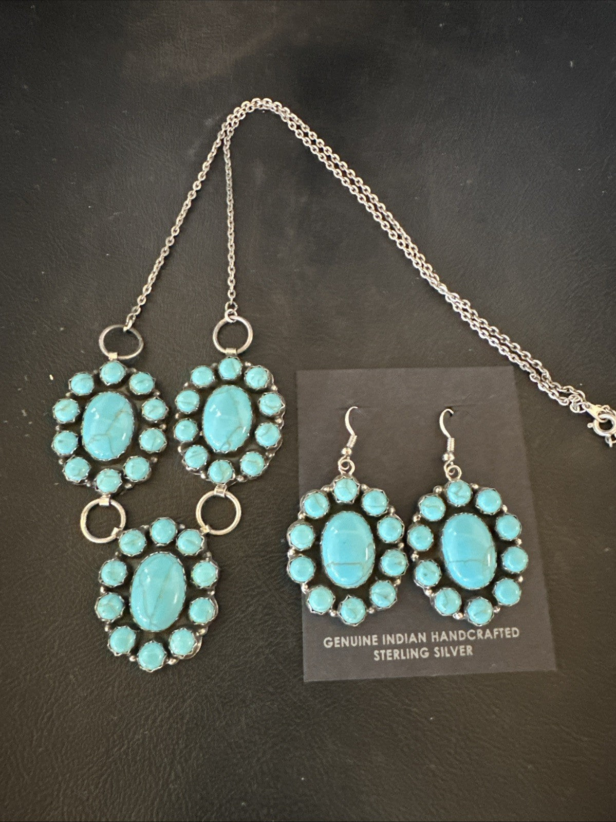 Cluster Lariat Blue Kingman Turquoise Earrings Necklace Pendant Navajo 23" 19112