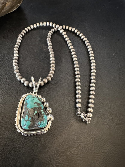 Rustic Blue Kingman Turquoise Pendant Navajo Sterling Silver Necklace 20" 18315