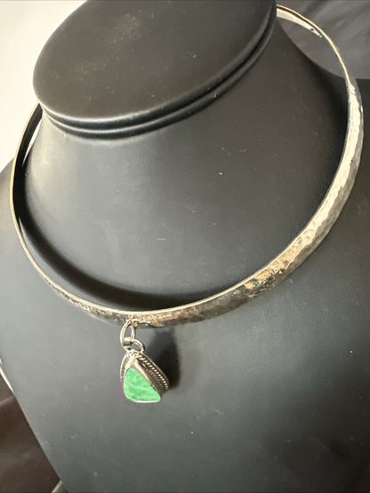 H Joe Navajo Sterling Silver Green Turquoise Collar Choker Necklace 15” 19437
