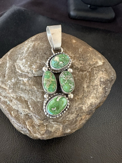 Green Sonoran Gold Turquoise Navajo Sterling Silver 925 Cluster Pendant 19400