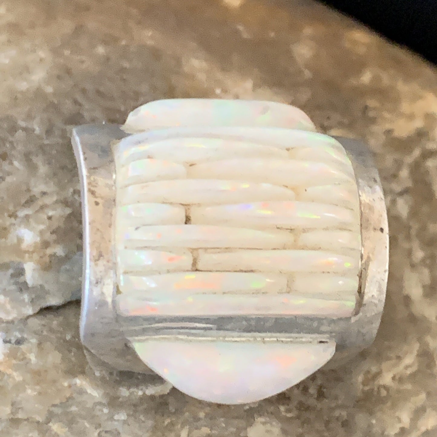 White Opal Native American Navajo Sterling Silver Inlay Ring Size 8 18922