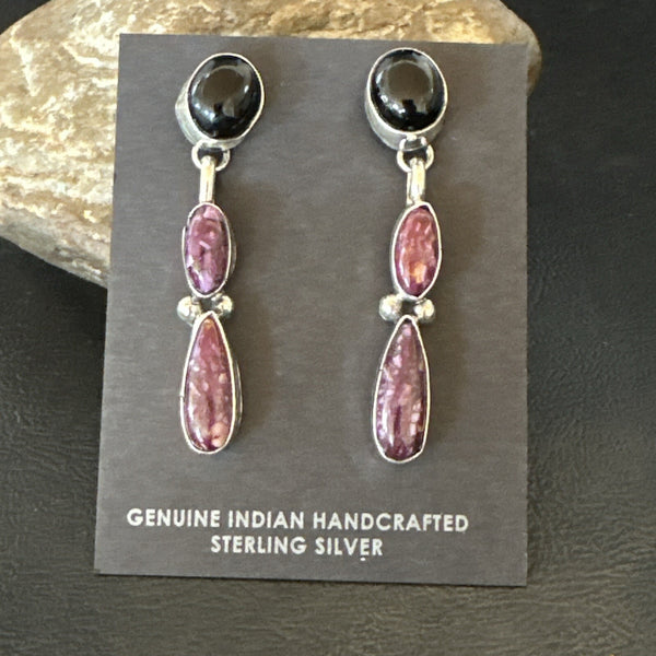 Purple Spiny Oyster Onyx Navajo Dangle Earrings 2" | Sterling Silver | Authentic Native American Handmade | 18570