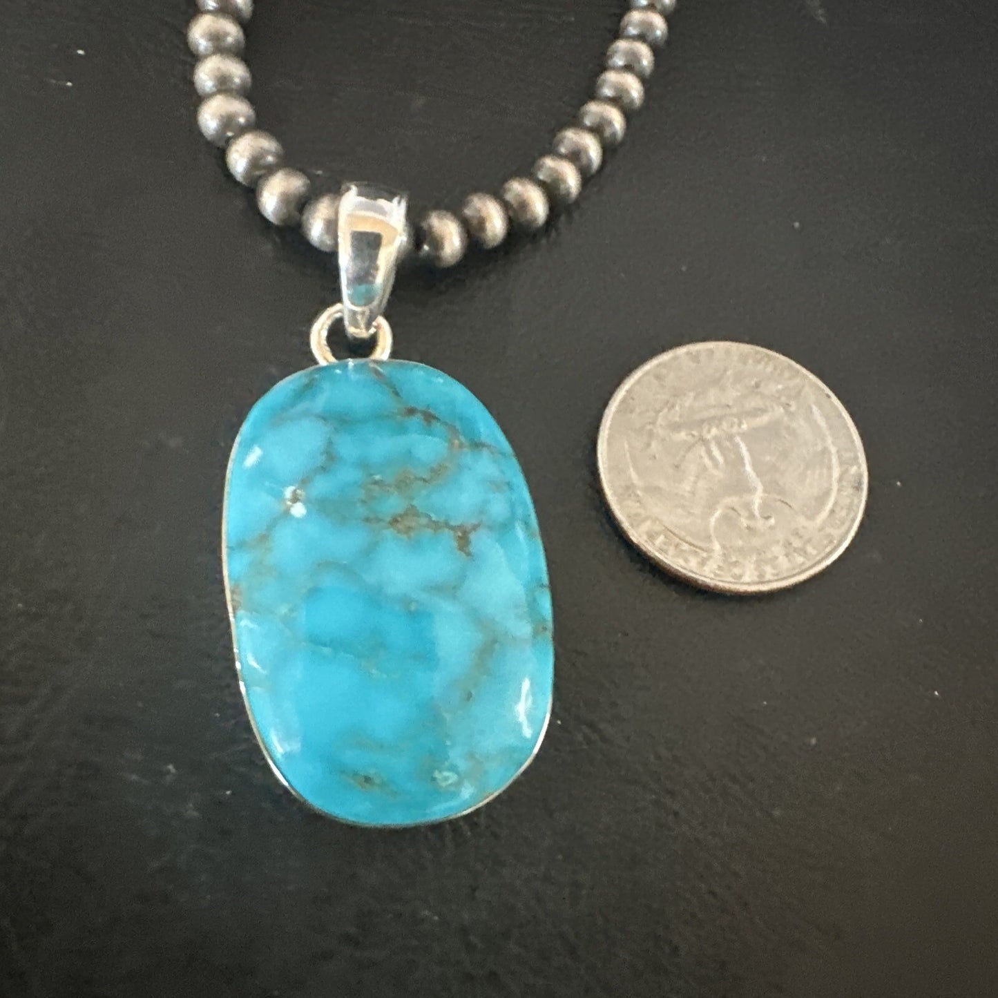 Blue Kingman Turquoise Pendant Navajo Pearls Sterling Silver Necklace 20” 16691