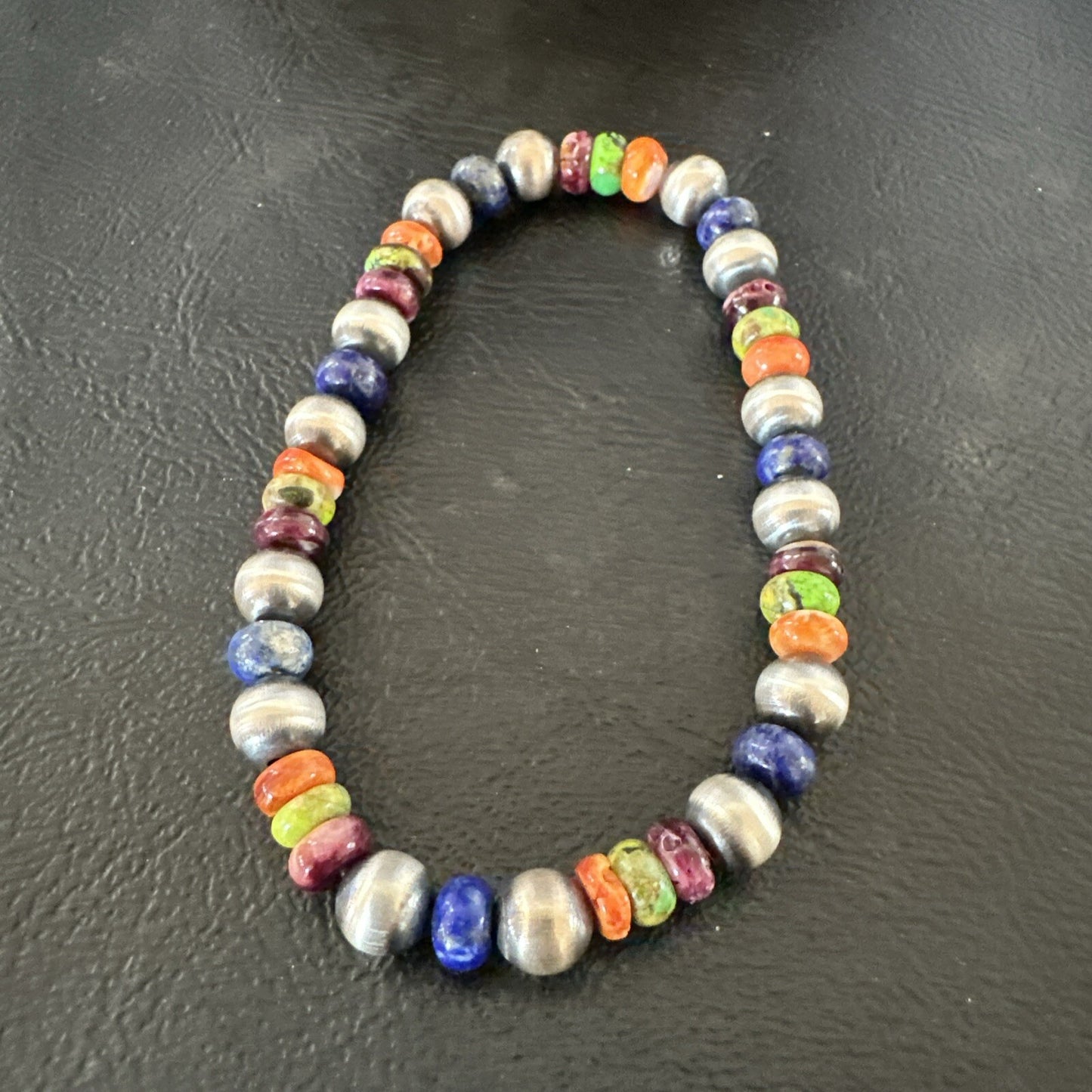 Multicolor Lapis Turquoise Stretch Bead Bracelet Navajo Sterling Silver 17907