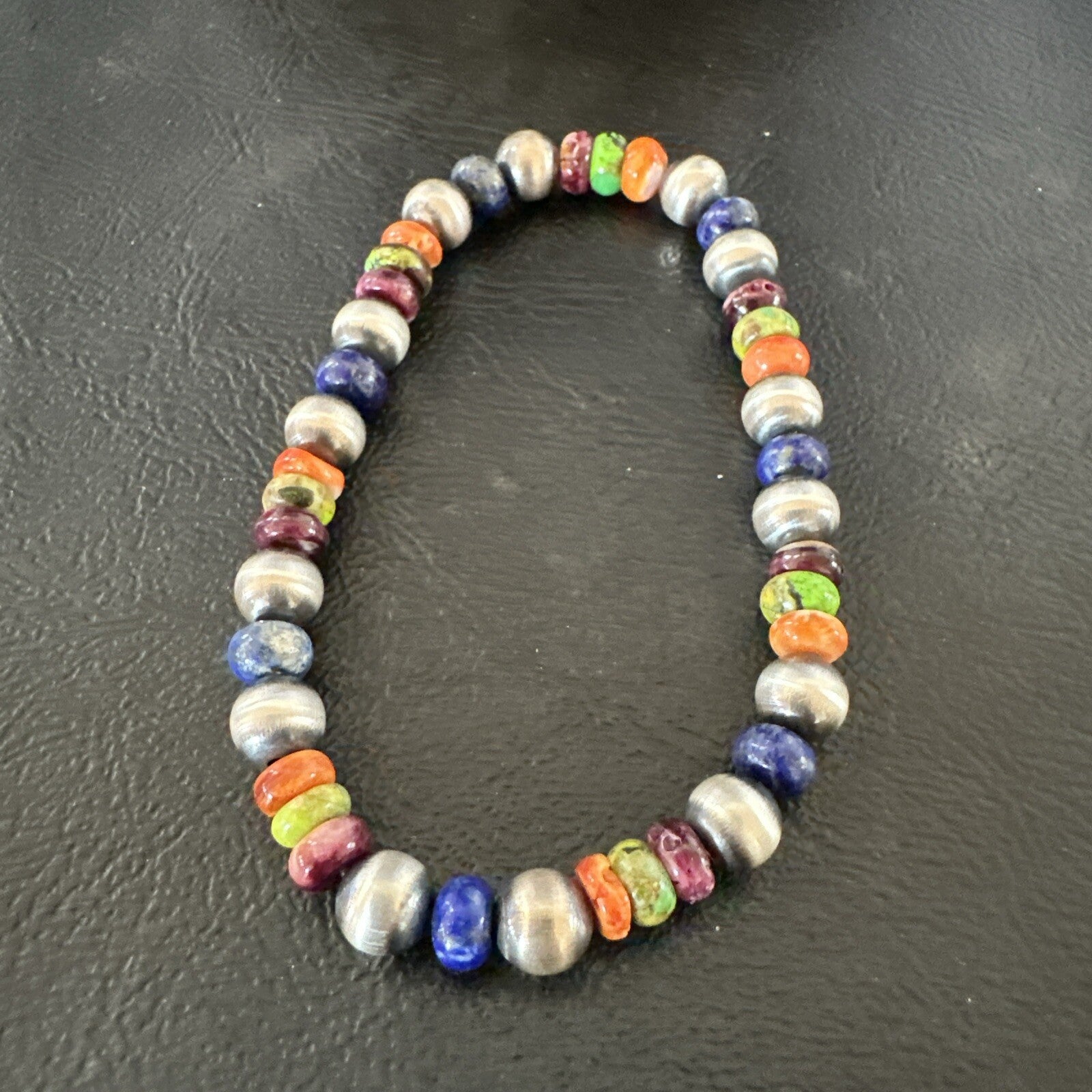 Multicolor Lapis Turquoise Stretch Bead Bracelet Navajo Sterling Silver 17907