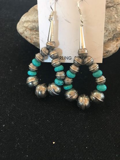 Native Sterling Silver Stamped Turquoise Bead Earrings 10090