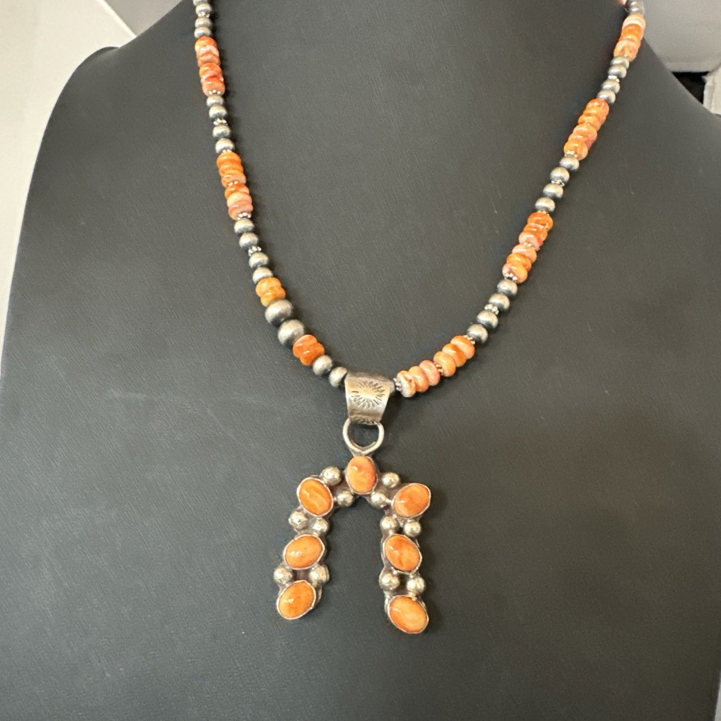 Orange Spiny Oyster Naja Pendant Navajo Pearls Sterling Silver Necklace 19669