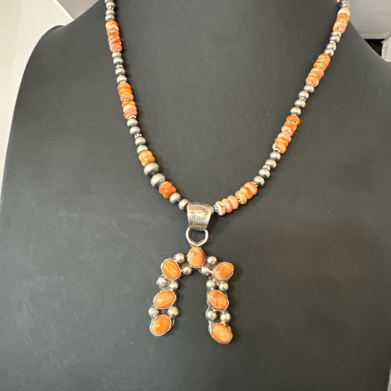 Orange Spiny Oyster Naja Pendant Navajo Pearls Sterling Silver Necklace 19669