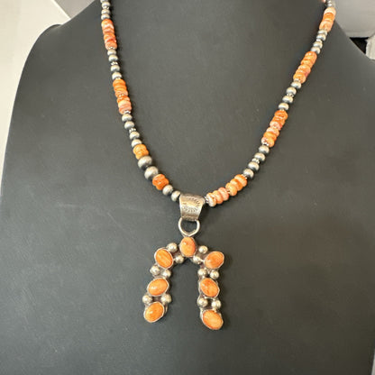 Orange Spiny Oyster Naja Pendant Navajo Pearls Sterling Silver Necklace 19669