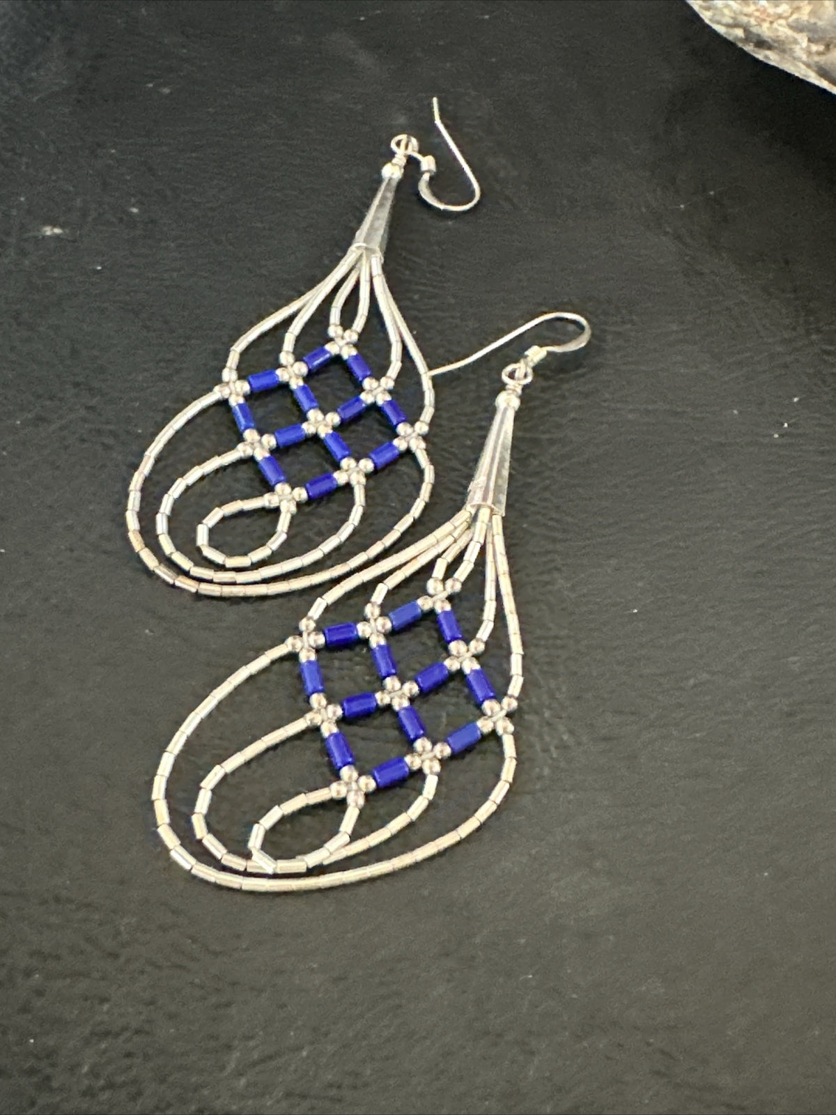 Blue Lapis 3 Strand Heishi Liquid Sterling Silver Dangle Earrings 17737