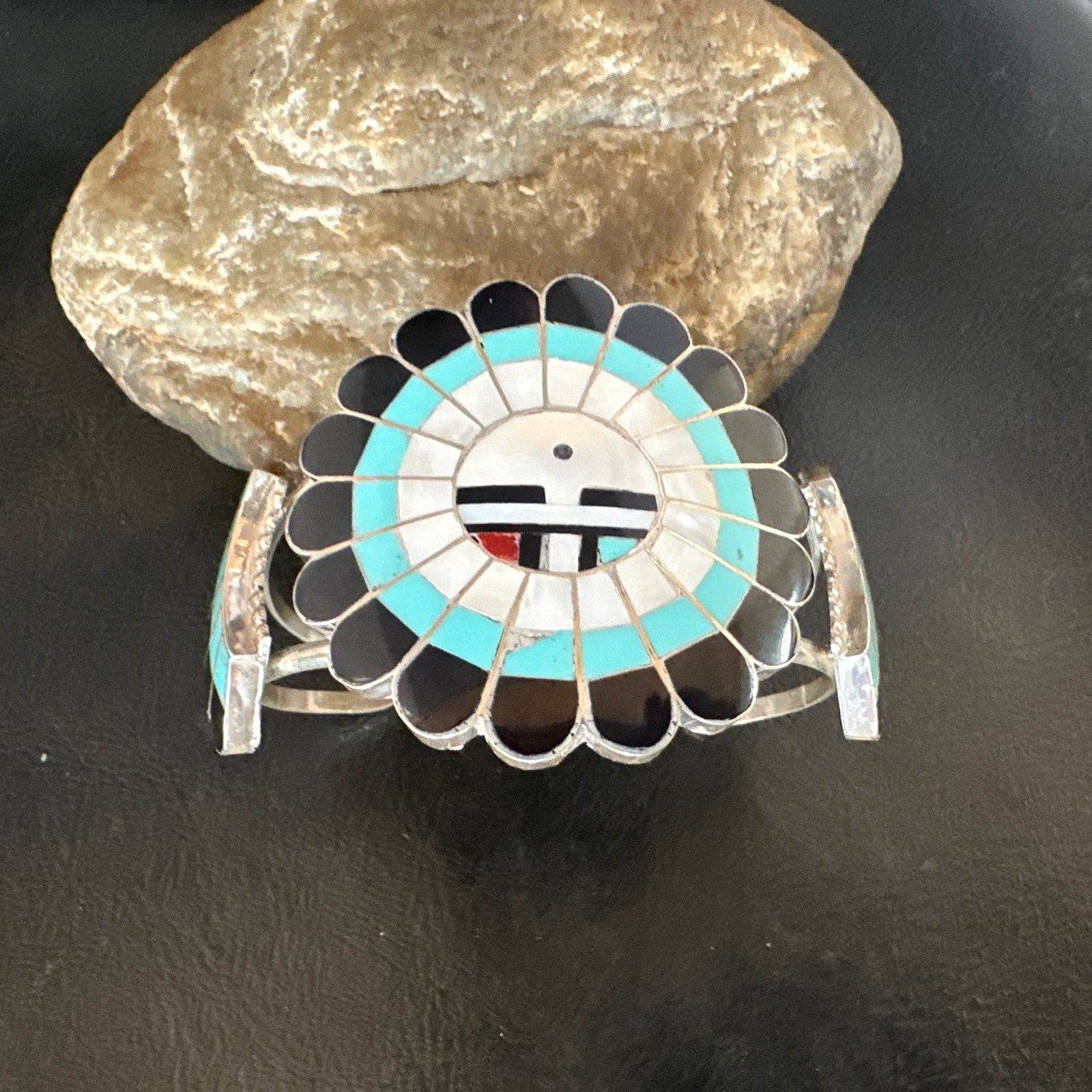 Old Pawn Sunface Turquoise Zuni Sterling Silver Onyx Bracelet 6.75” 19128