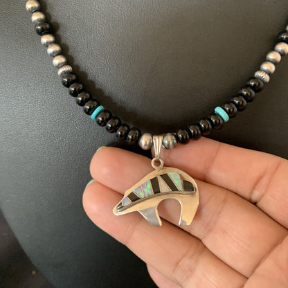 Turquoise Opal Inlay Pendant Black Onyx Navajo Sterling Silver Necklace 12688