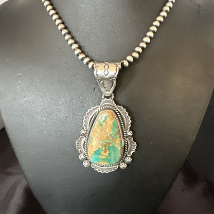 XL Green Royston Turquoise Pendant Navajo Sterling Silver Necklace 18224