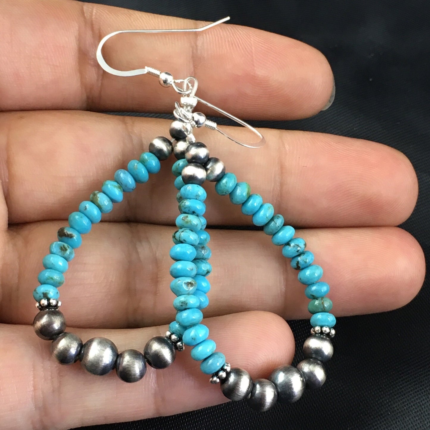 Blue Turquoise Bead Sterling Silver Beads Earrings 1.75" 1971