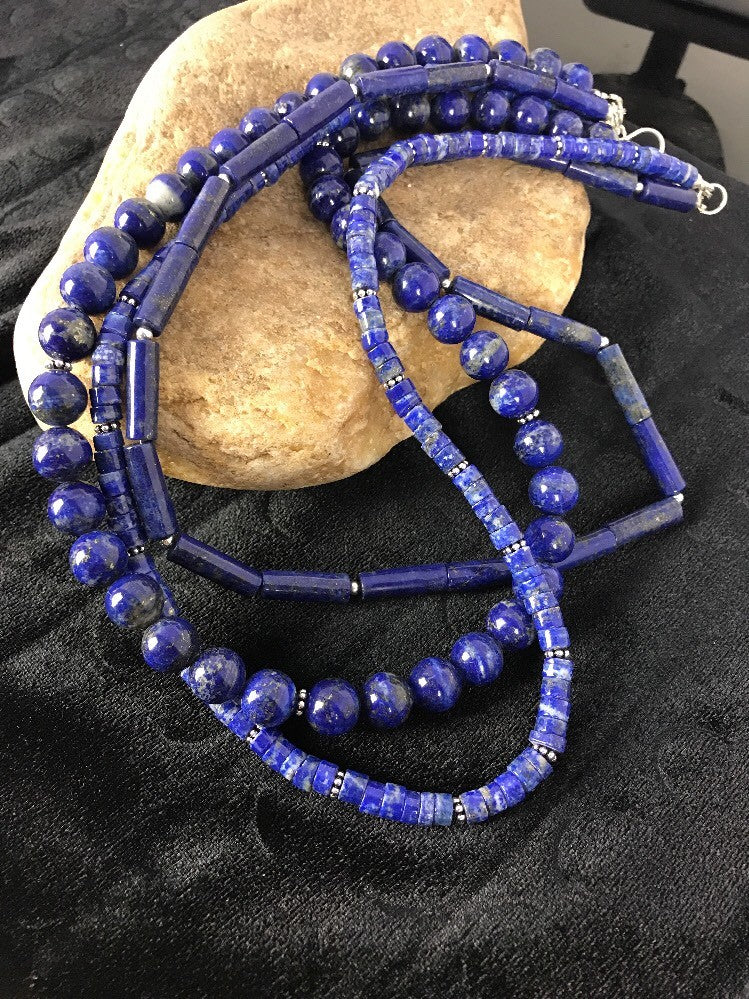 Denim Lapis 3 Strands Navajo Sterling Silver Necklace 22" 03666