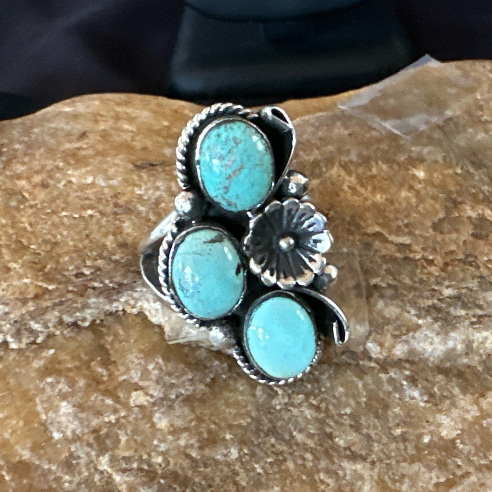 Yazzie Ring Blue Turquoise Navajo Sterling Silver Cluster Size 10 19218