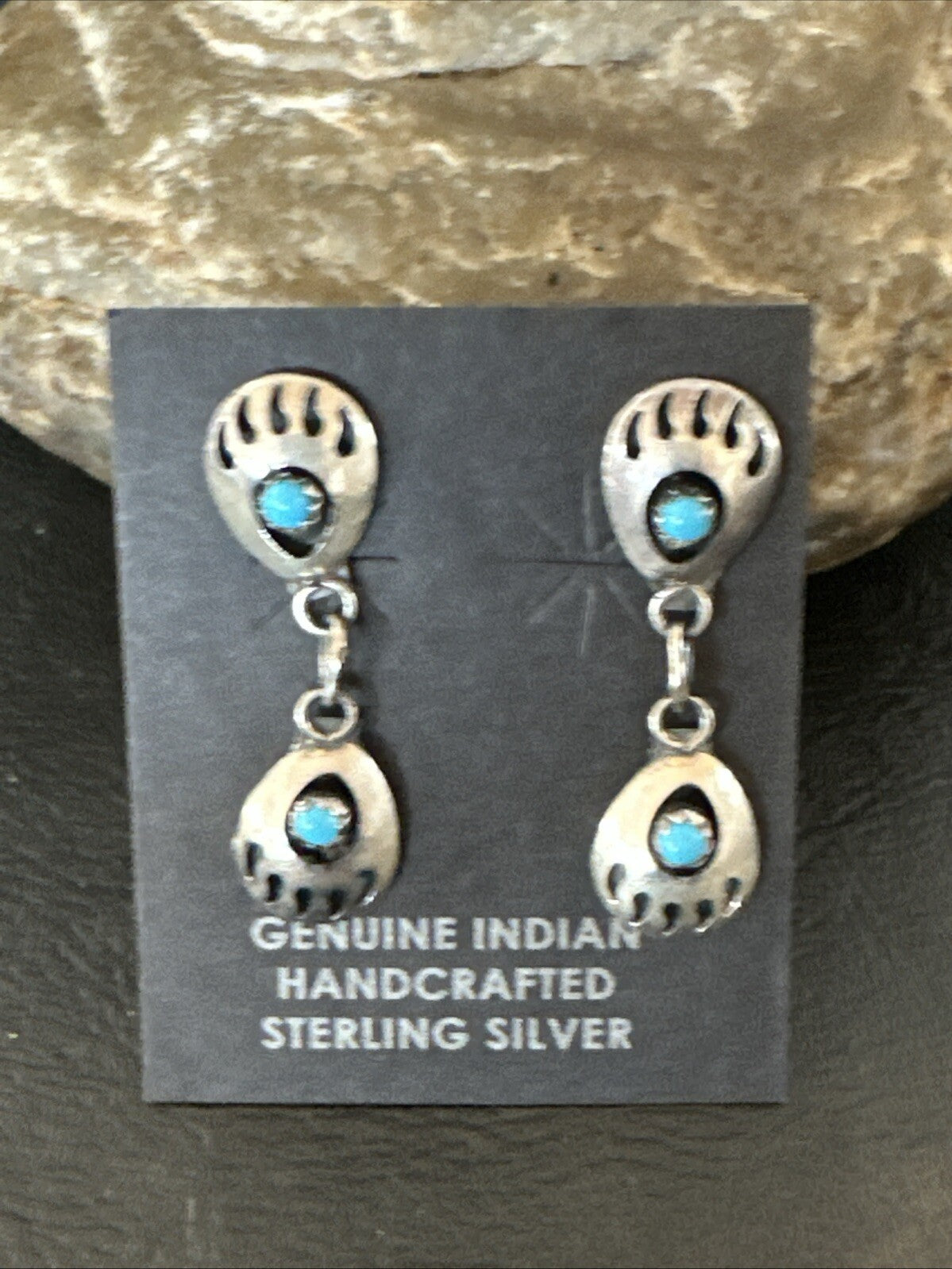 Navajo Blue Turquoise Sterling Silver Post Dangle Bear Paw Earrings 1.30" 4520