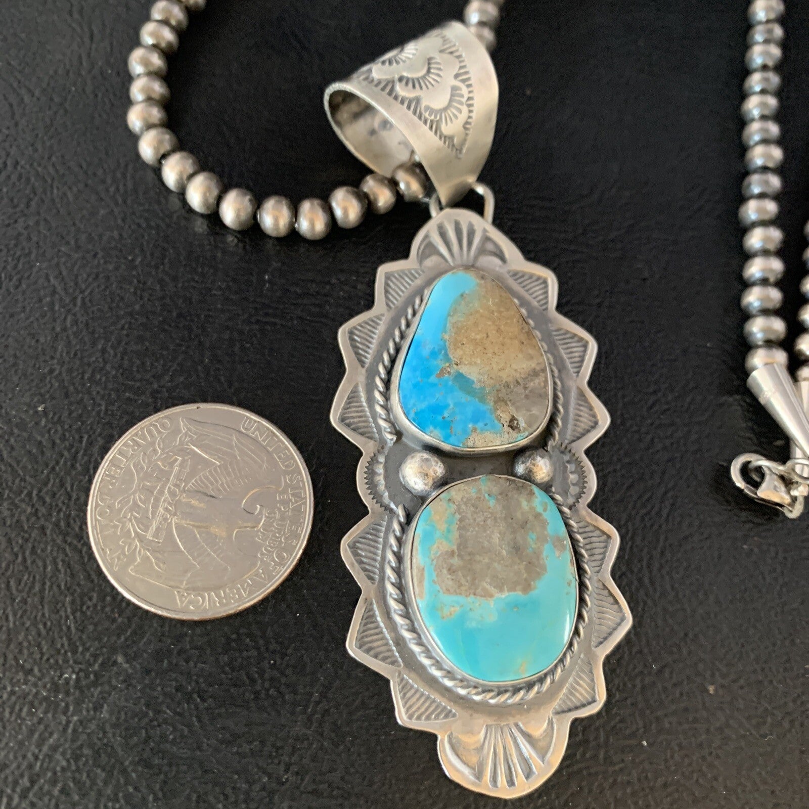 Mens Blue Kingman Turquoise 3" Pendan Sterling Silver Necklace 20" 13997N