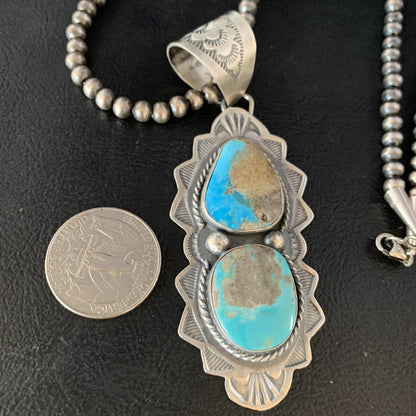 Mens Blue Kingman Turquoise 3" Pendan Sterling Silver Necklace 20" 13997N
