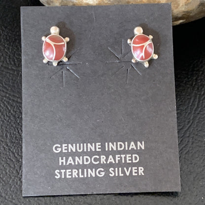Womens Orange Spiny Oyster Turtle Inlay Navajo Sterling Silver Earrings 12833