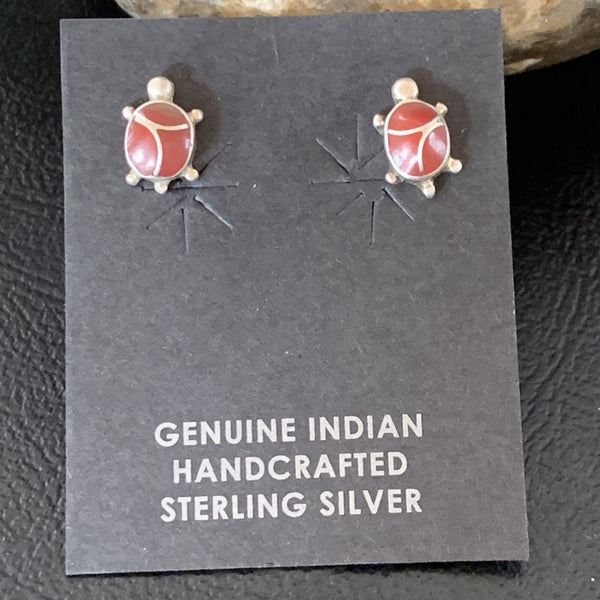 Women's Orange Spiny Oyster Turtle Inlay Navajo Earrings | Sterling Silver | Authentic Native American Handmade | 12833