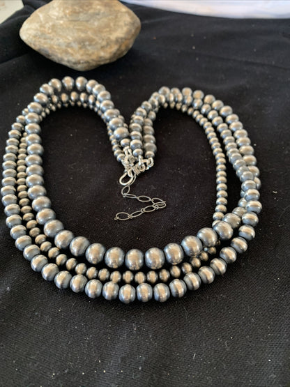 Native American Navajo Pearls Graduated 3 Strands Sterling Silver Necklace 25”