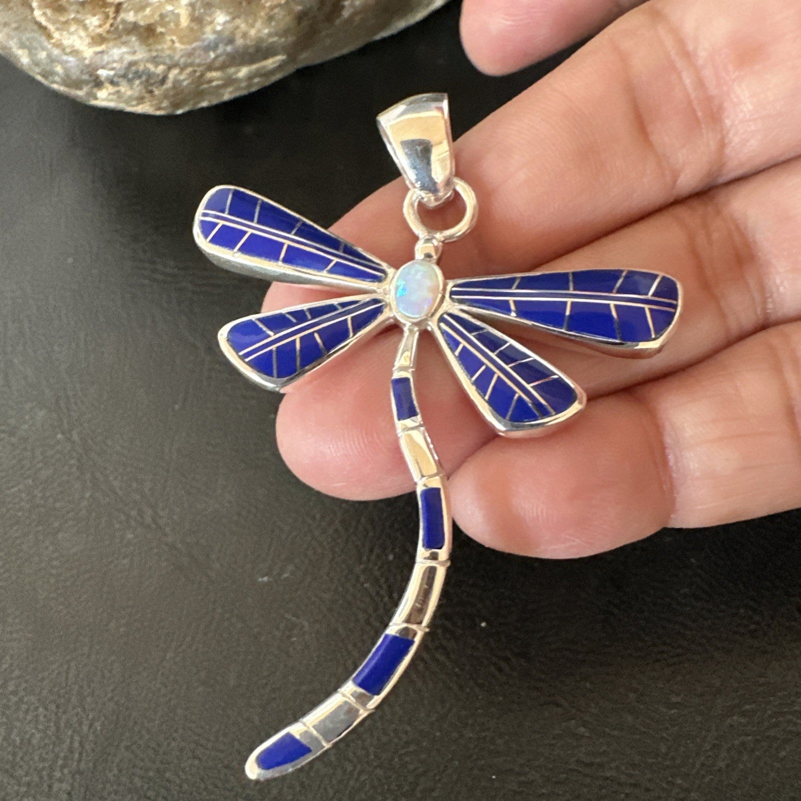 Dragonfly Sterling Silver Blue Lapis Inlay Pendant 19140