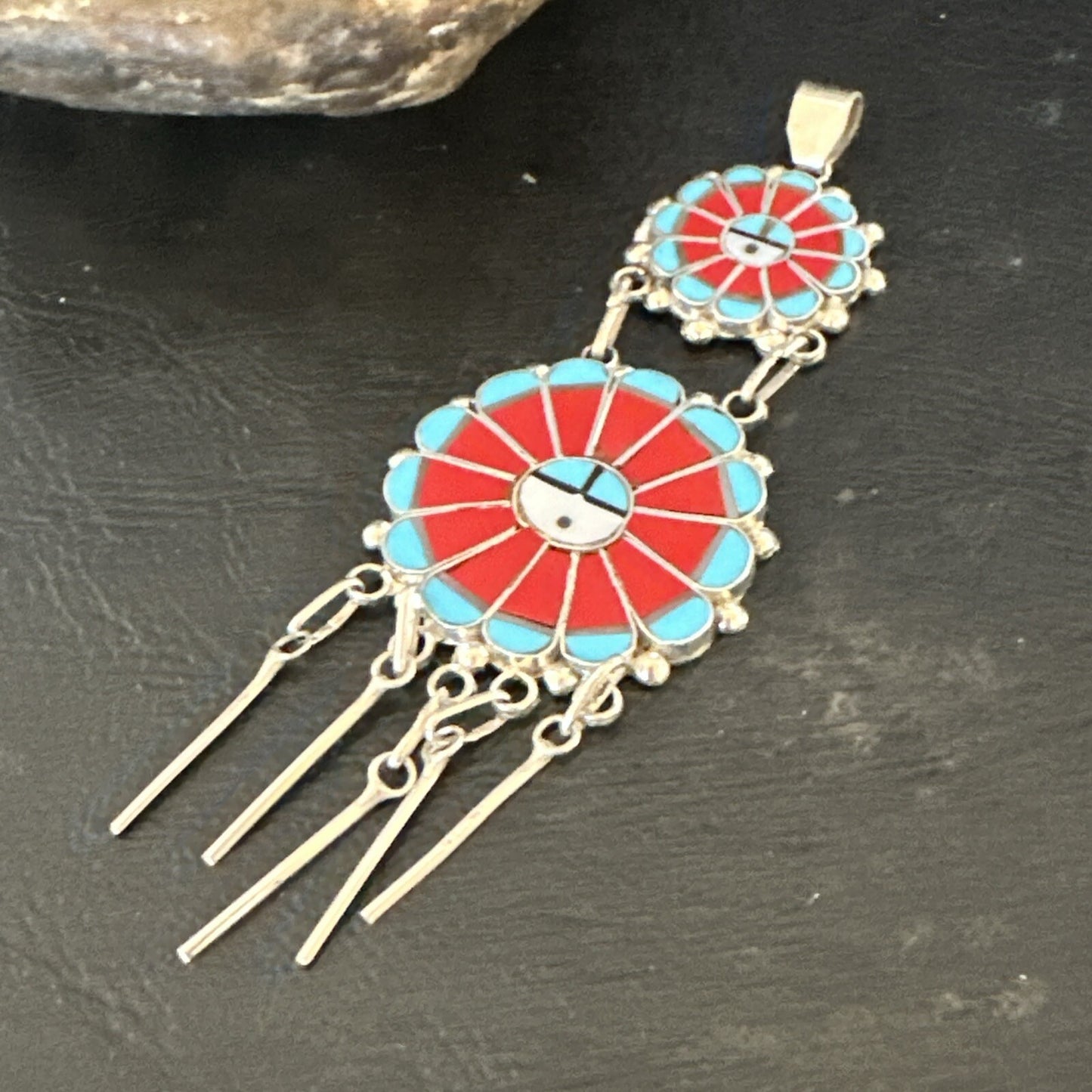 Sunface Zuni Inlay Turquoise Coral MOP Sterling Silver Pendant 3.5" 17771