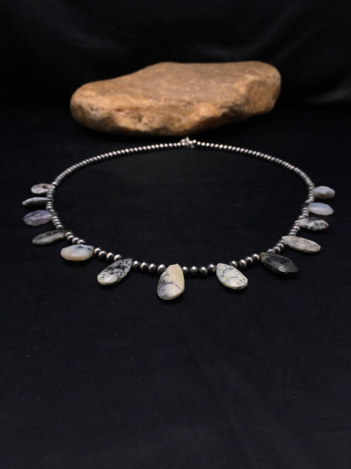 Black Rutile & Opal Pear Shaped Navajo Pearls Sterling Silver Necklace 4092