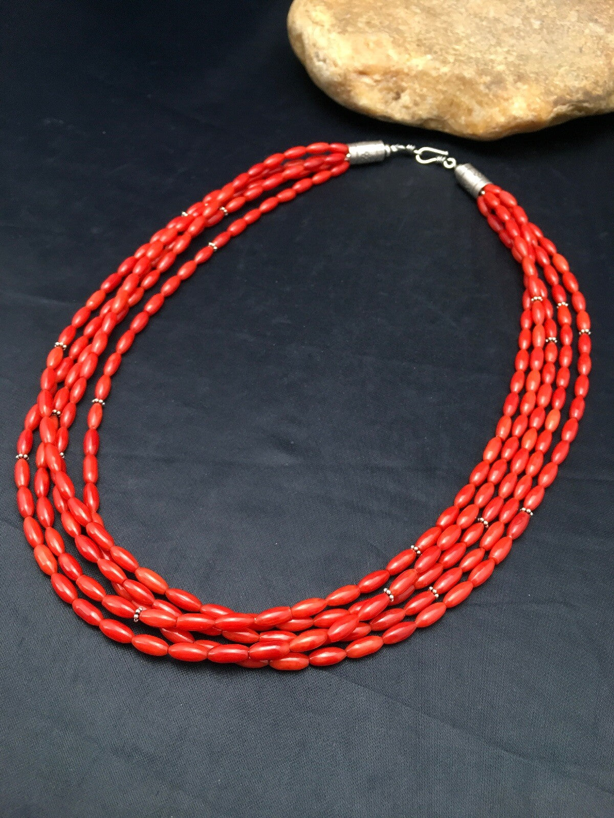 Red Bamboo Coral 5 Strand Navajo Pearls Sterling Silver Necklace 22" 04165