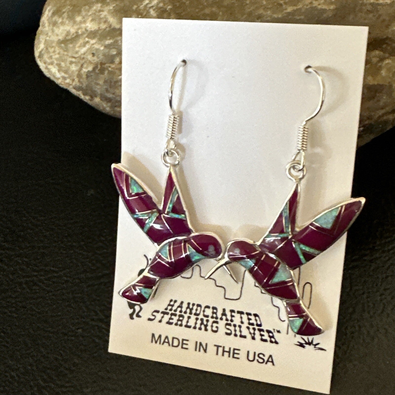 Purple Sugilite Opal Sterling Silver Hummingbird Dangle Earrings 18551