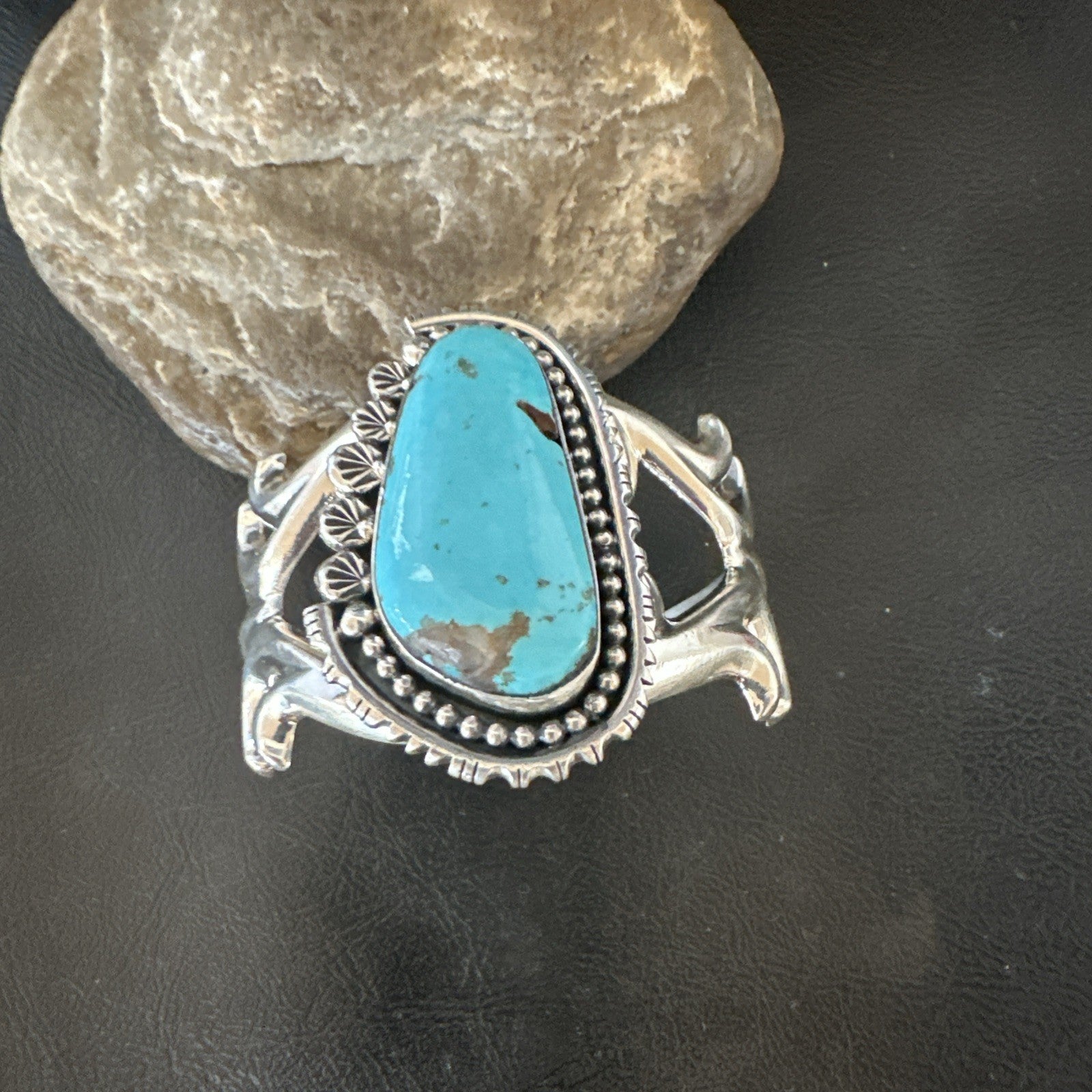 Mens Blue Kingman Turquoise Navajo Sterling Silver Cuff Bracelet 19348