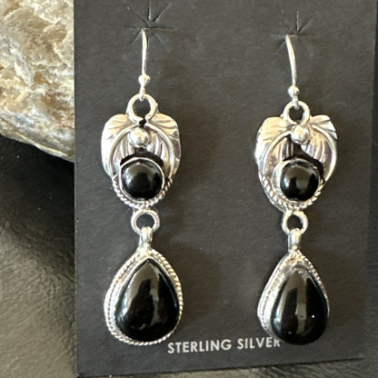 Black Onyx Navajo Sterling Silver Dangle Earrings 1.5" 18287