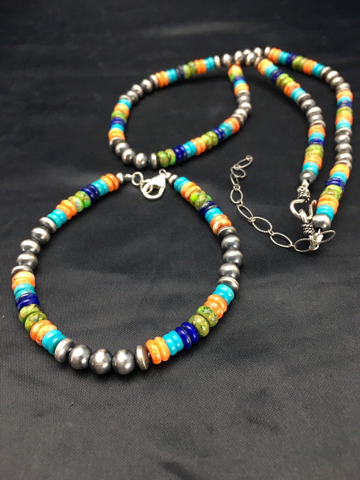 Southwestern Turquoise Spiny Lapis Silver Necklace Bracelet Set 8" 02762