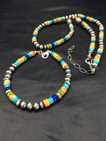 Southwestern Turquoise Spiny Lapis Silver Necklace Bracelet Set 8" 02762