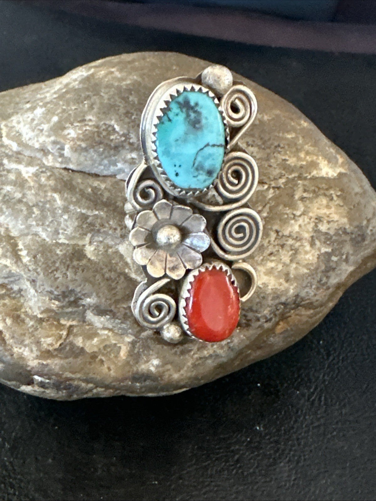 Cluster Kingman Turquoise Purple Spiny Navajo Sterling Silver Ring Sz 6.5 19765
