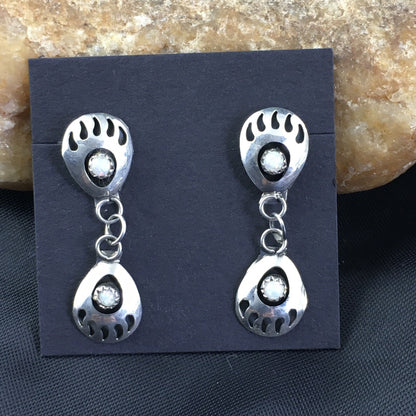 White Opal Navajo Sterling Silver Post Dangle Bear Paw Earrings 1.30" 08694