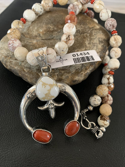 White Buffalo Turquoise Coral Naja Pendant Navajo Sterling Silver Necklace 01434