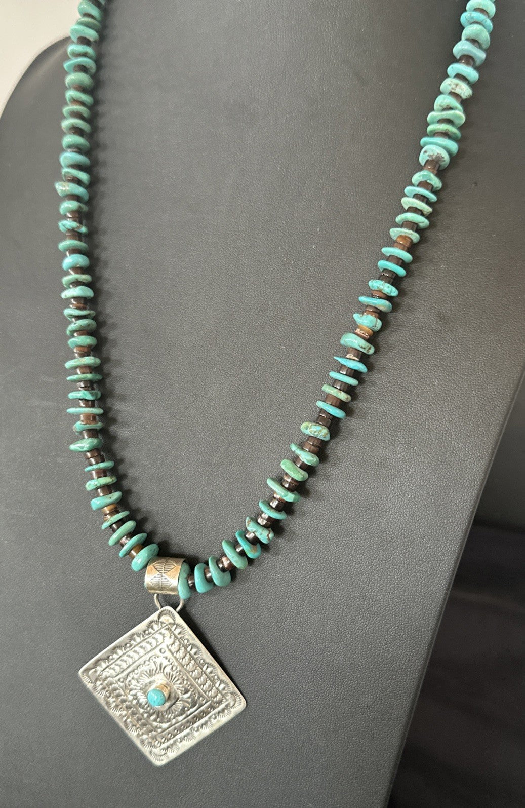 Navajo Blue Turquoise Stamped Pendant Shell Sterling Silver 25” Necklace 19707