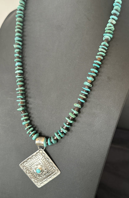 Navajo Blue Turquoise Stamped Pendant Shell Sterling Silver 25” Necklace 19707