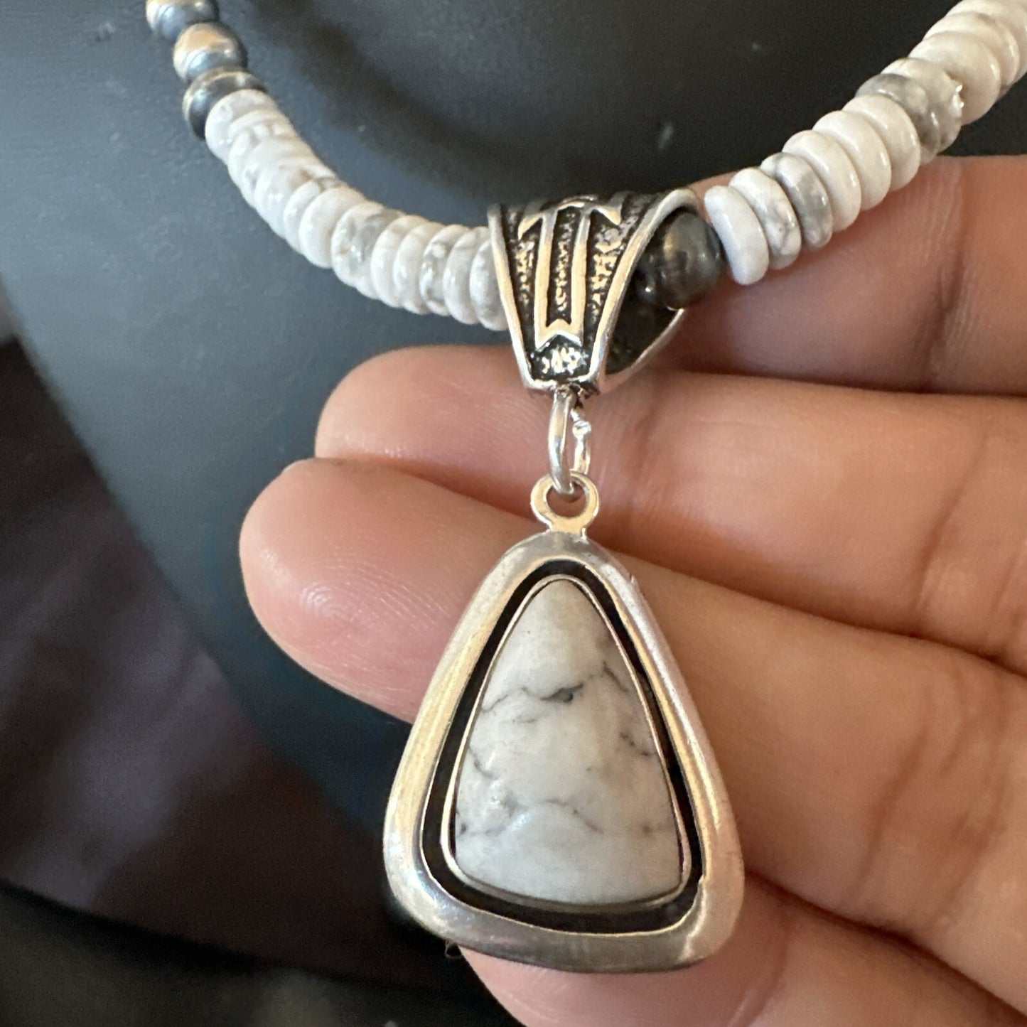 White Buffalo Turquoise Pendant Navajo Pearls Sterling Silver Necklace 22" 18260