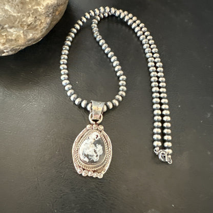 White Buffalo Turquoise Pendant Navajo Pearls Sterling Silver Necklace 20” 19495