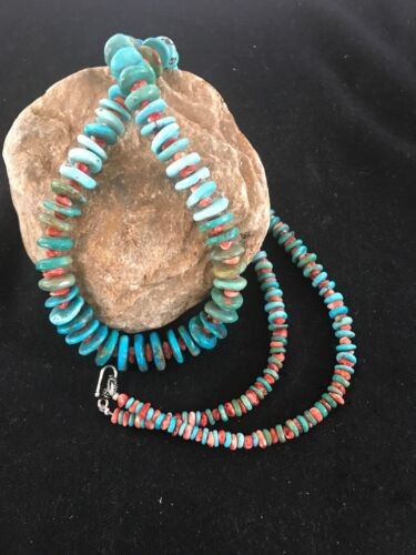 Navajo Blue Green Turquoise & Spiny Oyster Necklace Graduated 35" 8117