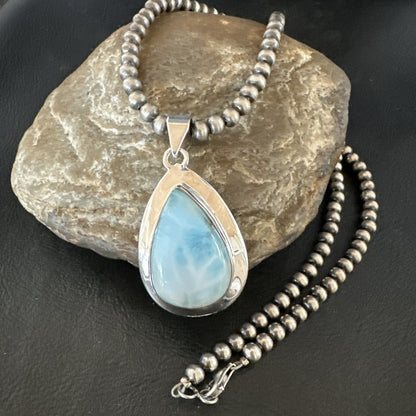 Womens Blue Larimar Pendant Navajo Sterling Silver Beads Necklace 17717