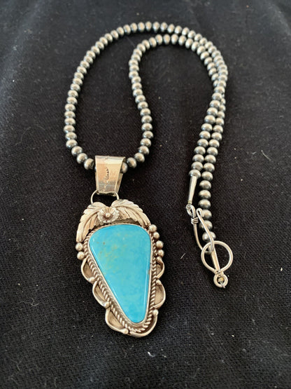 Blue Kingman Turquoise Pendant Navajo Pearls Sterling Silver Necklace 20" 00392