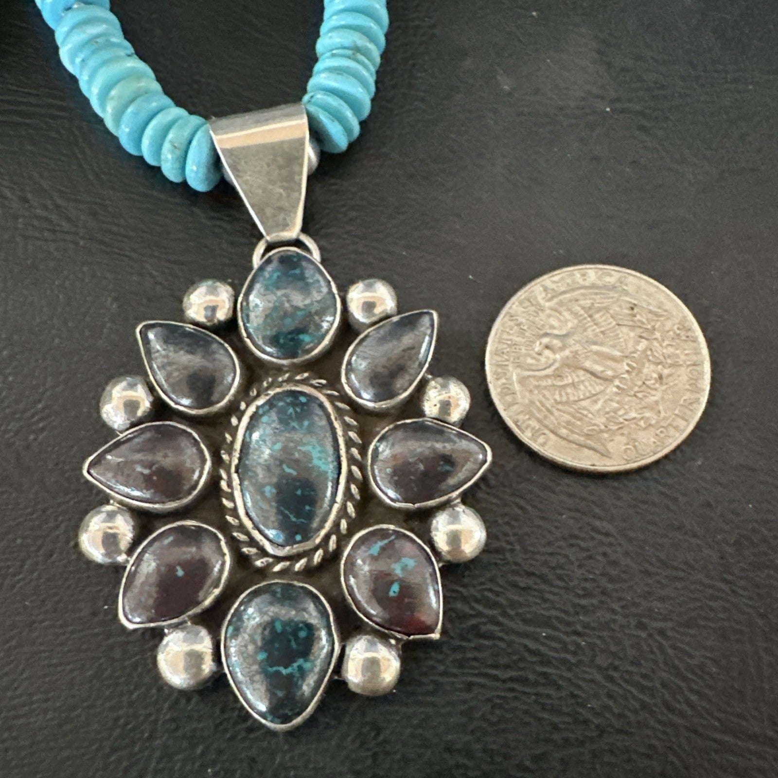 Blue Turquoise Navajo Sterling Silver Cluster Round Pendant Necklace 2”19660